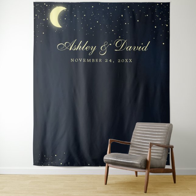 Celestial Moon Stars Midnight Blue Photo Backdrop Tapestry (In Situ)
