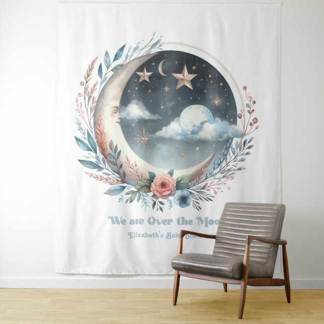 Celestial Moon & Stars Over the Moon Baby Shower Tapestry (In Situ)