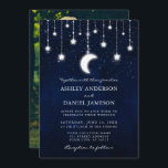 Celestial Moon Stars Photo String Lights Wedding Invitation<br><div class="desc">Celestial wedding invitation. Watercolor blue night sky with stars and the moon. Bokeh string lights. Rounded edges. Photo Back.</div>