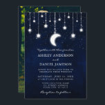 Celestial Moon Stars Photo String Lights Wedding Invitation<br><div class="desc">Celestial wedding invitation. Watercolor blue night sky with stars and the moon. Bokeh string lights. Rounded edges. Photo Back.</div>
