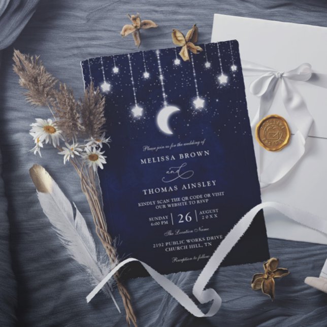 Celestial Moon Stars String Lights QR Code Wedding Invitation (Creator Uploaded)