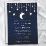 Celestial Moon Stars String Lights Wedding Invitation<br><div class="desc">Celestial wedding invitation. Watercolor blue night sky with stars and the moon. Bokeh string lights. Rounded edges.</div>