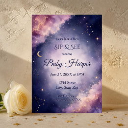 Celestial Moon & Stars Watercolor Sip and See Baby Invitation
