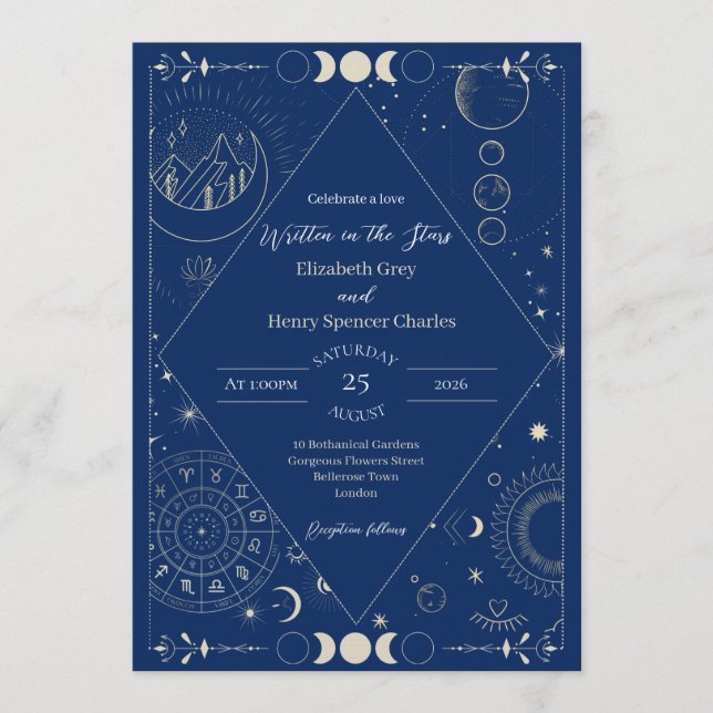 Celestial moon sun stars constellations wedding invitation (Front)