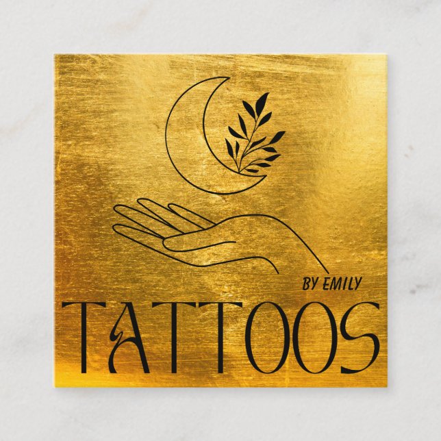 Celestial Moon Tattoo Salon Gold Metallic Square Business Card (Front)