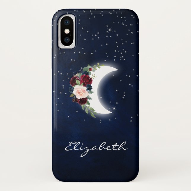 Celestial Moon Watercolor Burgundy Floral Case-Mate iPhone Case (Back)