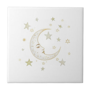 Celestial Moon with Face & Stars Gold Silver White Tile