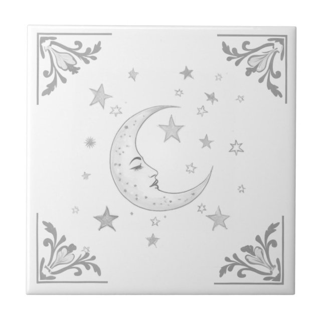 Celestial Moon with Face & Stars Silver and White Tile (Front)