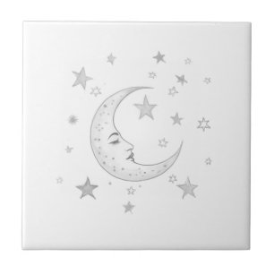 Celestial Moon with Face & Stars Silver and White Tile