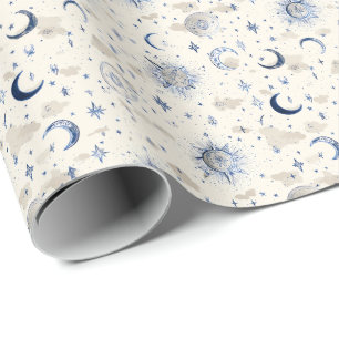 Celestial Moons & Stars Wrapping Paper Navy/Cream