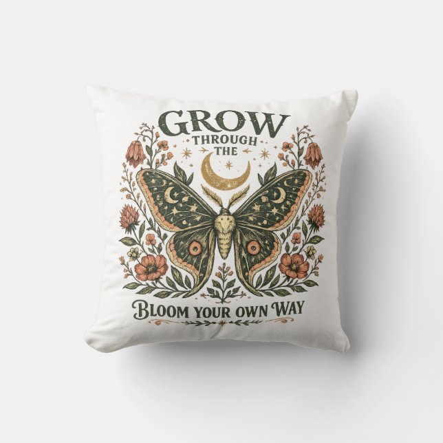 Celestial Moth Floral Sticker Throw Pillow (Front)