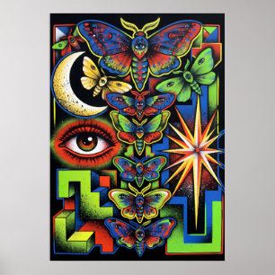 Celestial Moths Eye Moon Psychedelic Art Poster