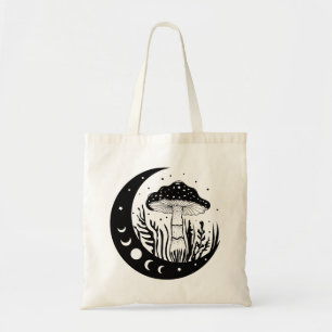 Celestial Mushroom And Moon Phases Black & White Tote Bag