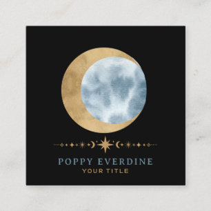 Celestial Mystic Moon Blue Gold  Square Business Card