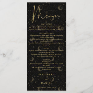 Celestial Mystical Black And Gold Wedding Dinner Menu