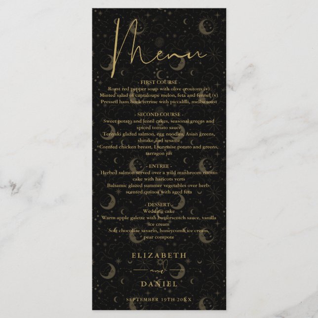 Celestial Mystical Black And Gold Wedding Dinner Menu (Front)