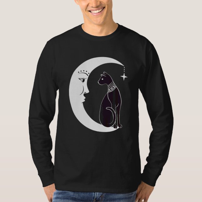 Celestial Mystical Black Cat Familiar Pagan Witchc T-Shirt (Front)