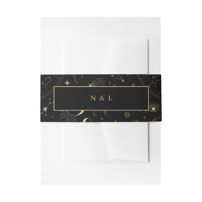 Celestial Mystical Elements Starsigns Black Gold Invitation Belly Band (Front Example)