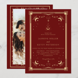 Celestial Mystical Moon Star Burgundy Wedding  Invitation