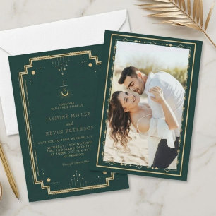 Celestial Mystical Moon Star Forest Green Wedding  Invitation