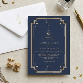 Celestial Mystical Moon Star Navy Blue Wedding Invitation