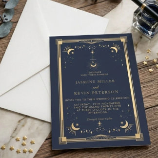 Celestial Mystical Moon Star Navy Blue Wedding Invitation