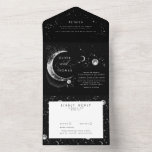 Celestial Mystical Moon Stars Halo Wedding All In One Invitation<br><div class="desc">This romantic black and silver all-in-one wedding invitation offers a breathtaking preview of the beauty that your special day will unfold. It combines the wedding invitation itself with a detachable RSVP card for guests to return, and a section detailing your wedding specifics, including your website. This elegant and compact design...</div>