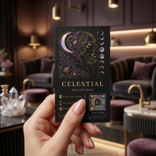 Celestial Nail Studio Luxury Black Gold QR Beauty Business Card