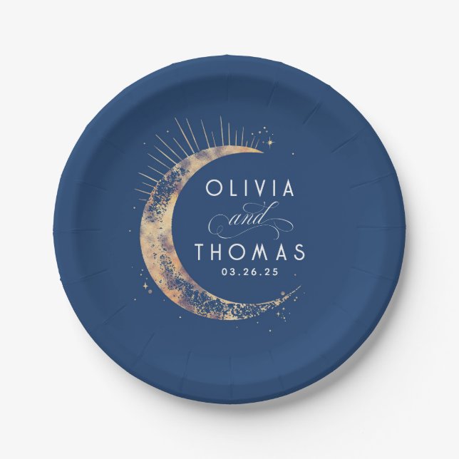 Celestial Navy Blue and Gold Mystical Wedding Paper Plate (Front)