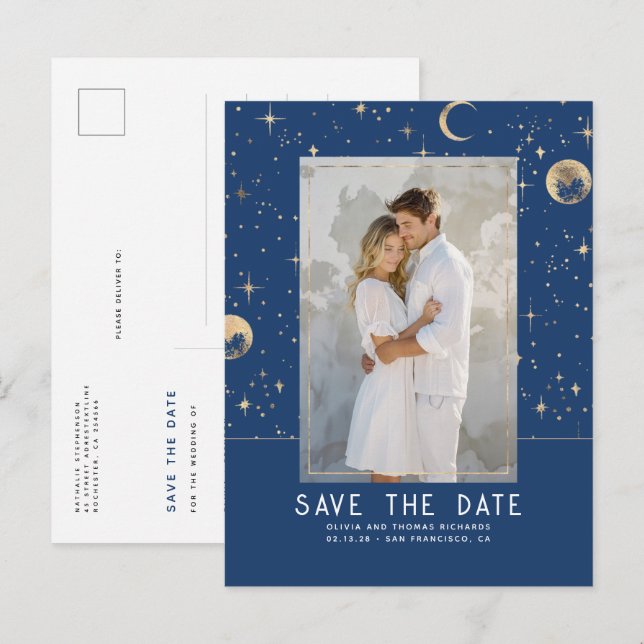 Celestial Navy Blue and Gold Stars Save The Date Announcement Postcard (Front/Back)