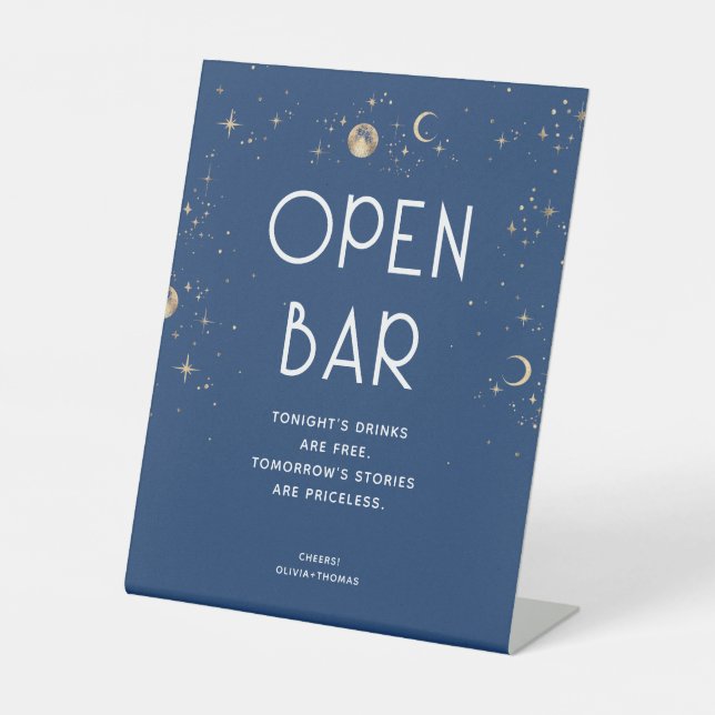 Celestial Navy Blue and Gold Wedding Open Bar Pedestal Sign (Front)