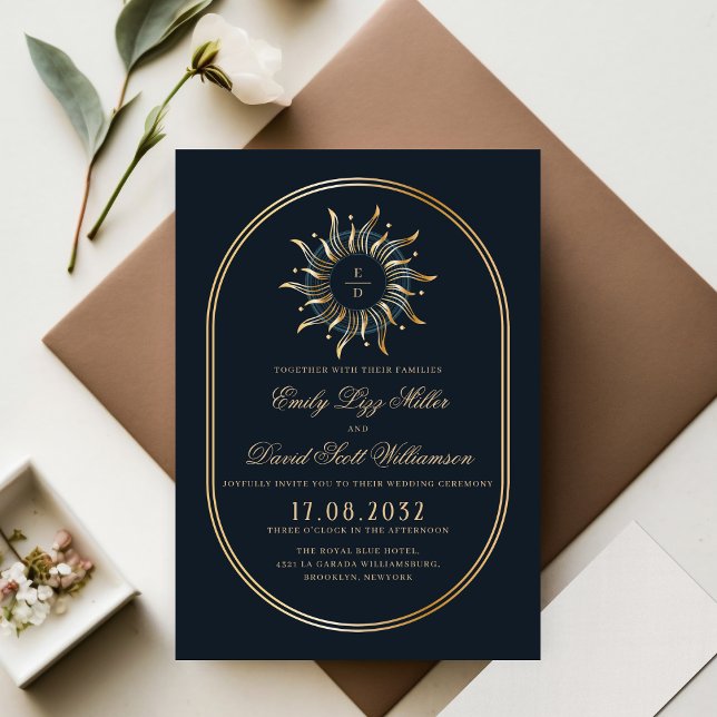 Celestial Navy Blue Gold Mystical Monogram  Invitation (Creator Uploaded)