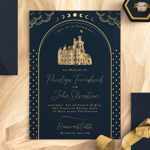 Celestial Navy Blue Gold Vintage Castle Wedding Invitation