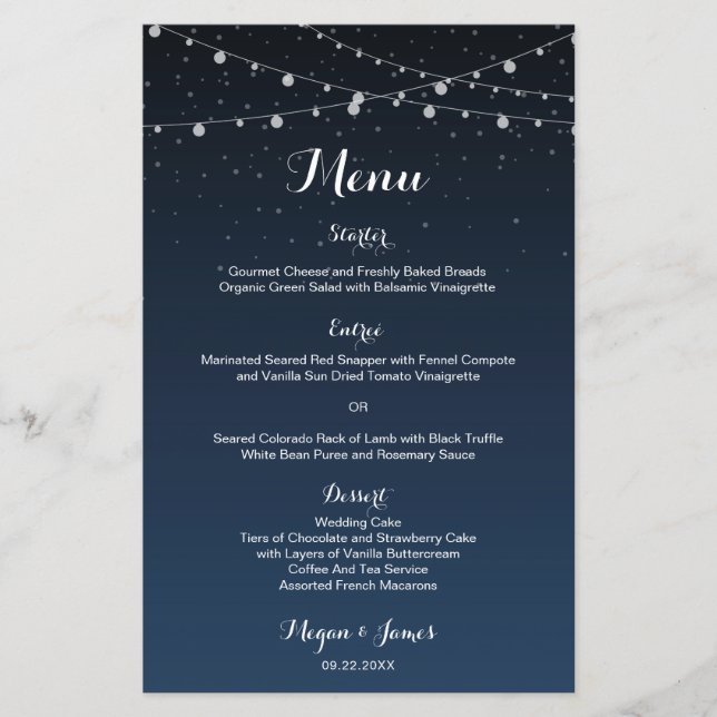 Celestial Navy Blue Starry Night Wedding Menu (Front)