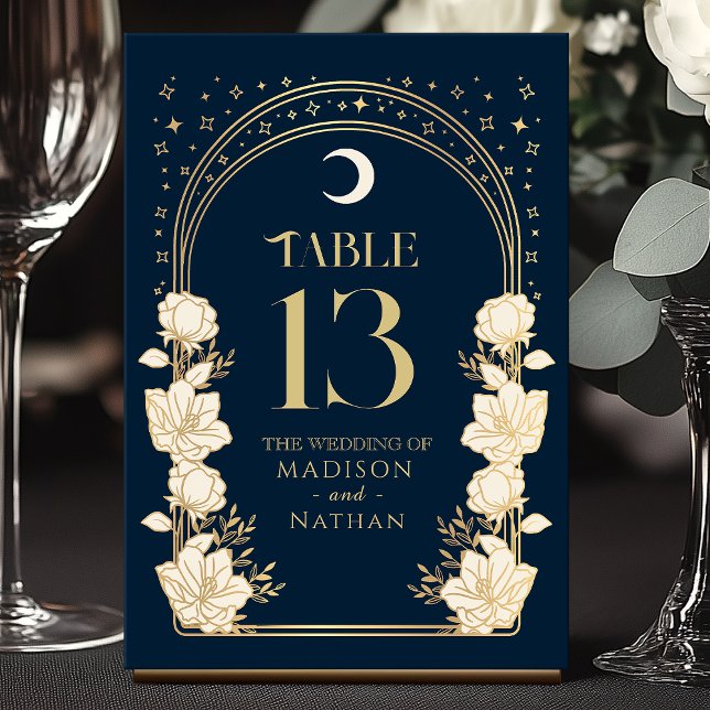 Celestial Navy Elegant Arch Art Nouveau Wedding Table Number (Creator Uploaded)