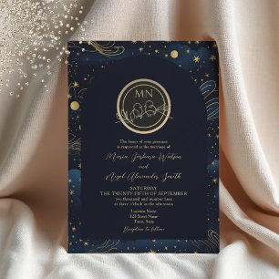 Celestial Navy Gold Monogram Wedding Invitation