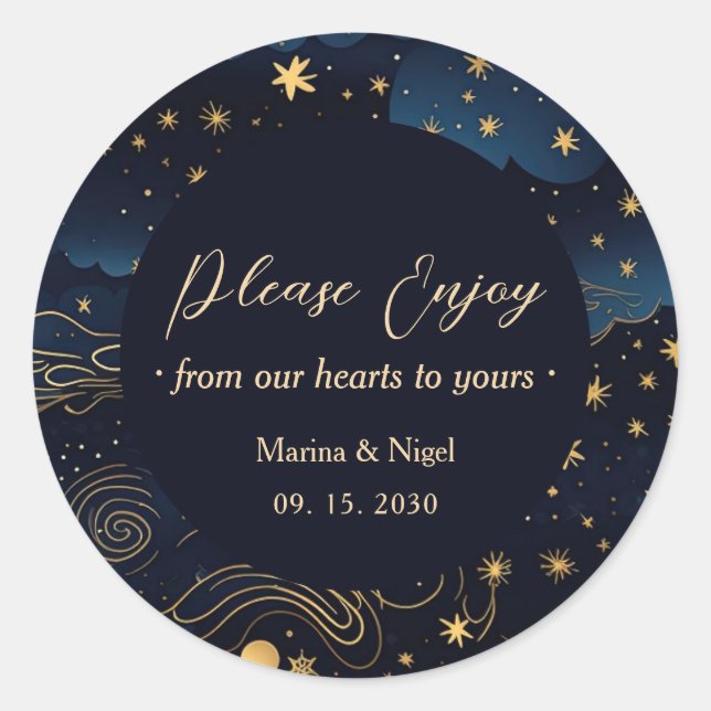 Celestial Navy Gold Wedding Favour Classic Round Sticker (Front)