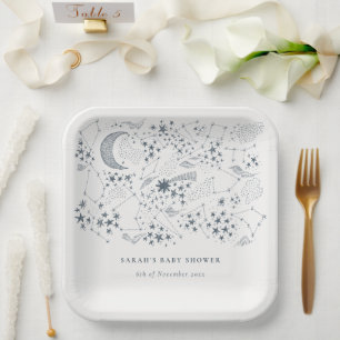 Celestial Navy Starry Night Moon Baby Shower Paper Plate