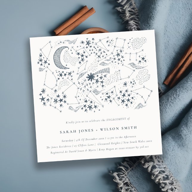 Celestial Navy Starry Night Moon Sketch Engagement Invitation (Creator Uploaded)