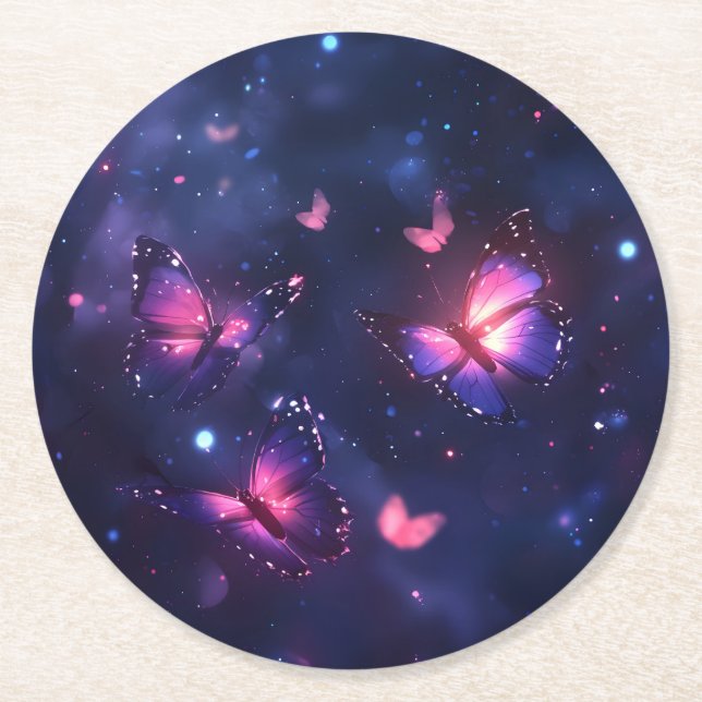 Celestial Night Butterfly Garden Round Paper Coaster (Front)