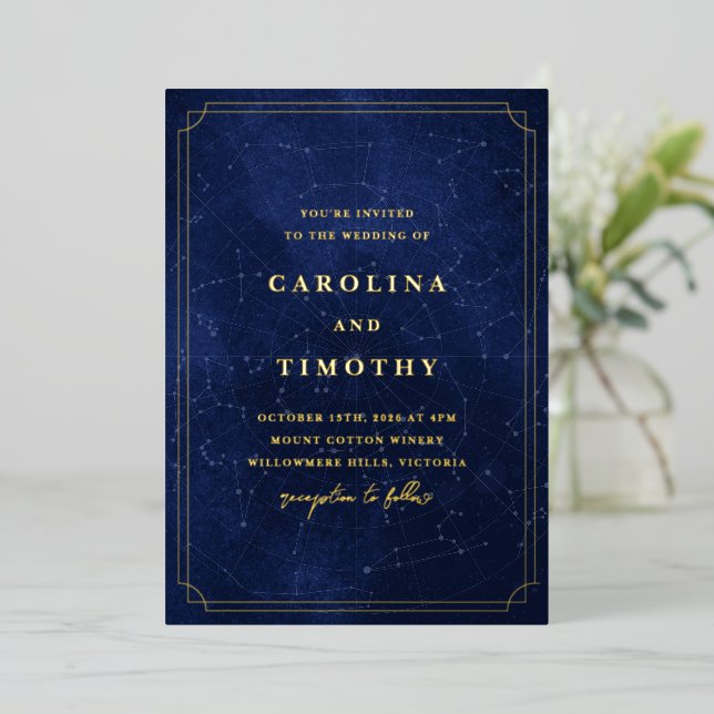 Celestial Night Sky Foil Wedding Invitation (Standing Front)