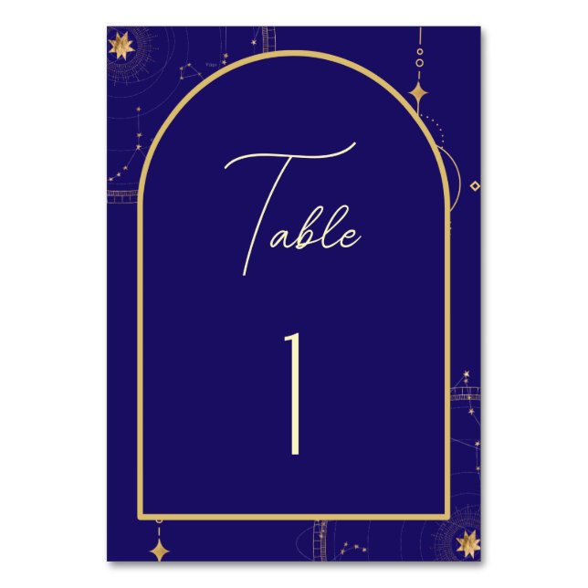 Celestial Night Sky Navy Blue and Gold Wedding Table Number (Front)