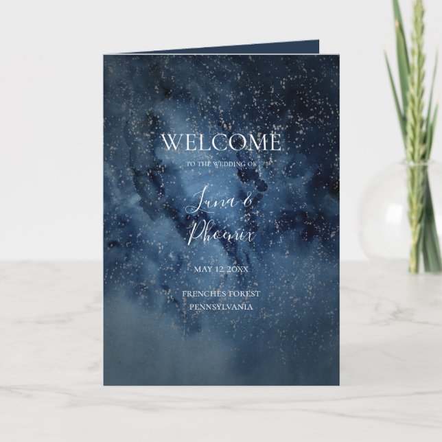 Celestial Night Sky | Silver Folded Wedding Program (Front)