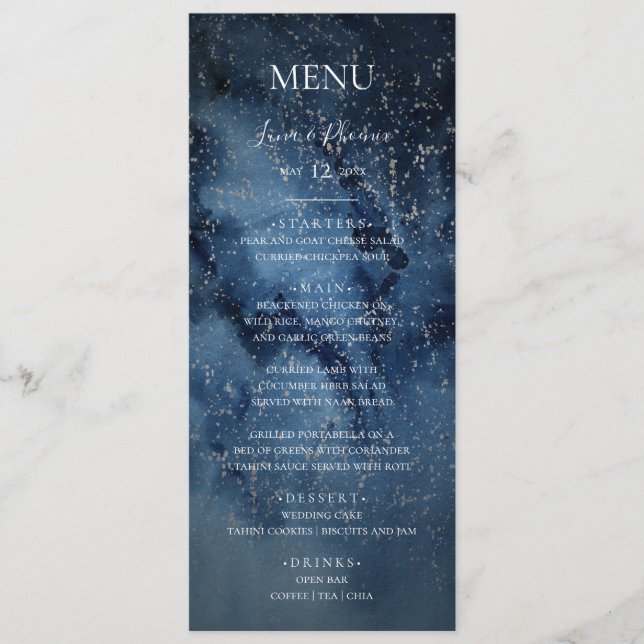 Celestial Night Sky | Silver Wedding Dinner Menu (Front)