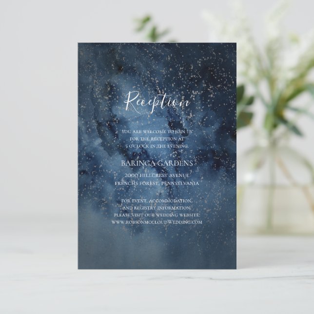 Celestial Night Sky Silver Wedding Reception Card (Standing Front)