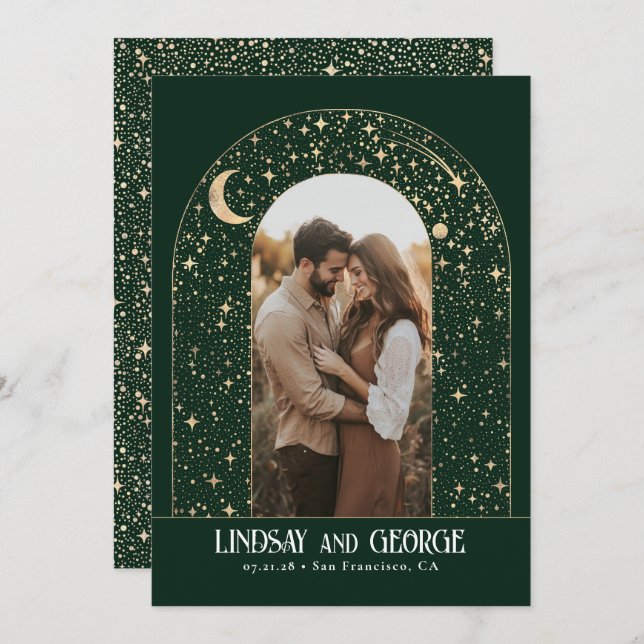 Celestial Night Stars Emerald Green Wedding Photo Invitation (Front/Back)