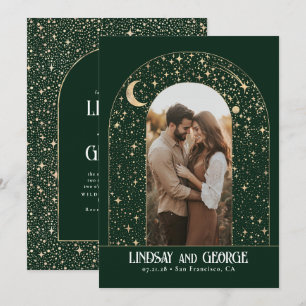 Celestial Night Stars Emerald Green Wedding Photo Invitation