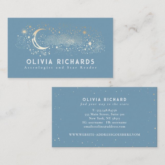 Celestial Night Stars Moon Dusty Blue Mystical  Business Card (Front/Back)