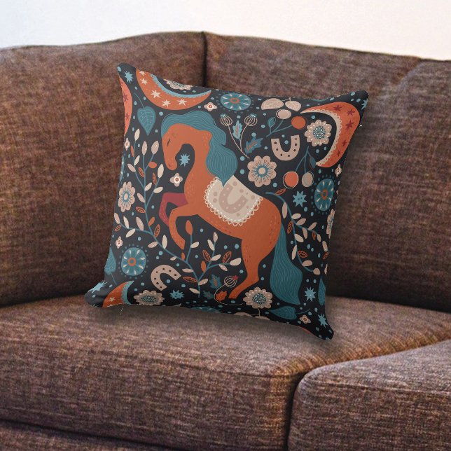 Celestial Nordic Red Horse Pattern Throw Pillow (Creator Uploaded)