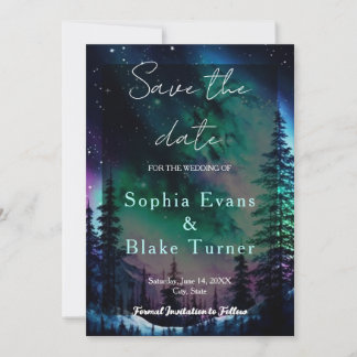 Celestial Northern Lights Wedding Save the Date Invitation